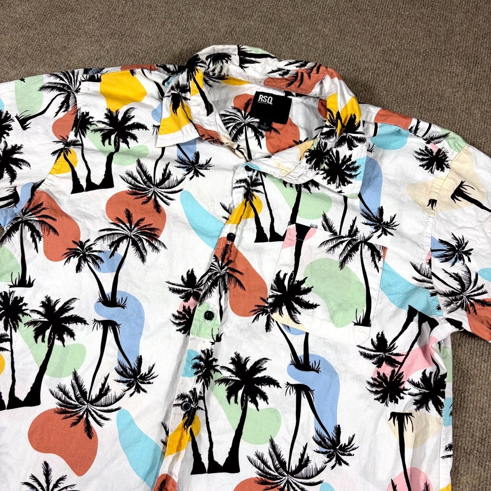 RSQ Collective Hawaiian Shirt Mens Large Multicolor Palm Tree Print Linen Beach